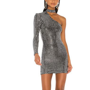 Revolve Superdown Black Silver One Shoulder Mini Dress XS Sequin Angelia NEW